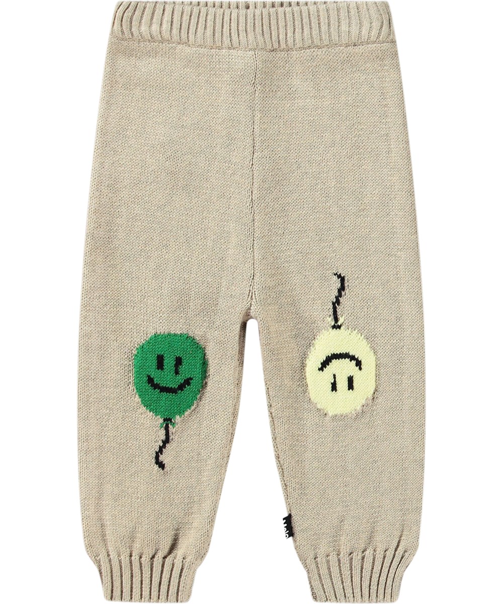 Sol - Balloon Smile - Beige gebreide katoen/wollen broek met geribbelde tailleband en pijpen en kleurrijke ballonprint voor de baby's en peuters.