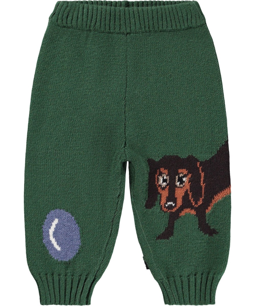 Sol - Dachs Puppy - Donkergroene gebreide broek voor de kleintjes gemaakt van een zachte geribbelde  katoen en wol met een hond op het dijbeen.