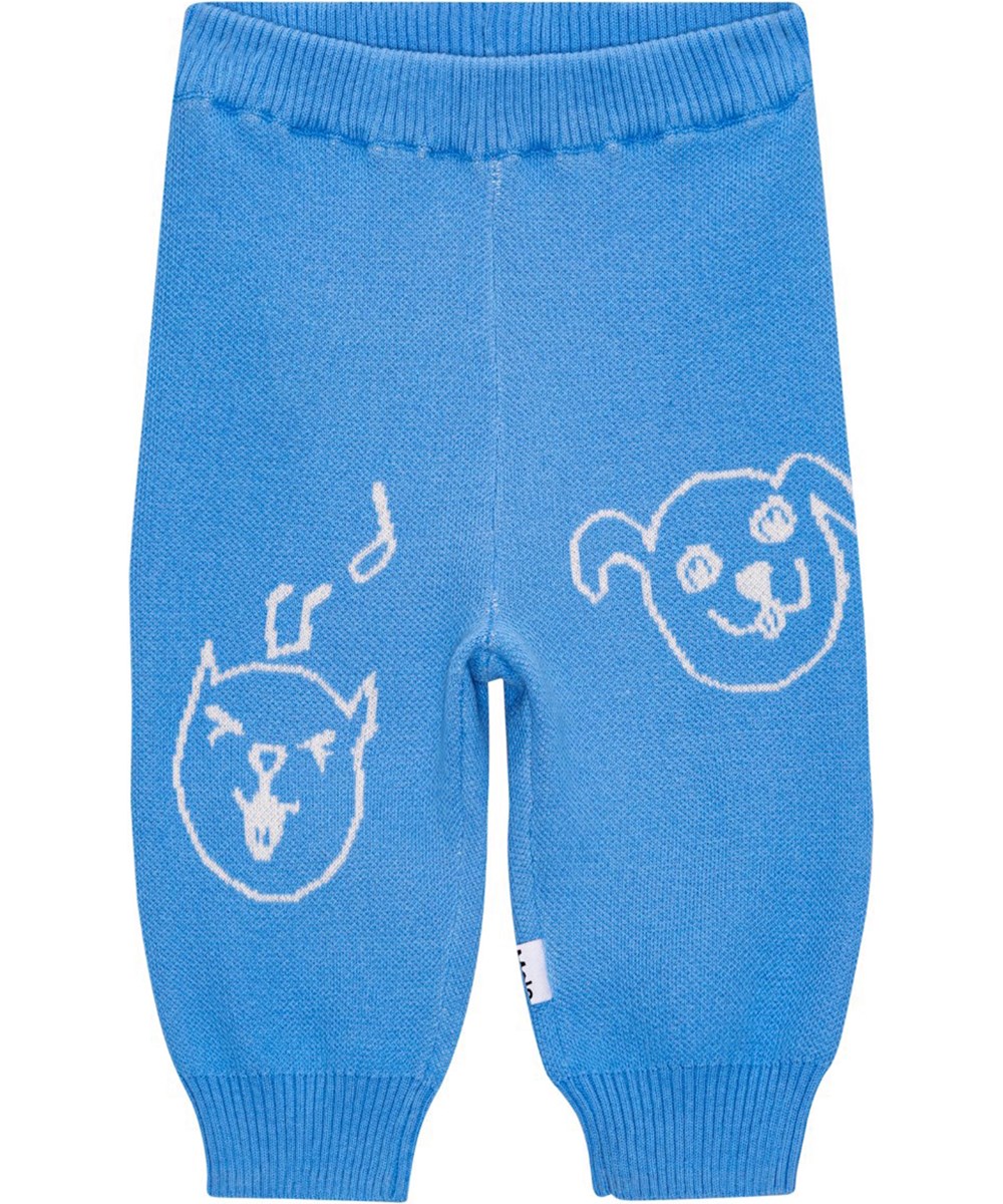 Sol - Forget Me Not - Zacht blauwe gebreide broek van biologisch katoen met honden en poezen