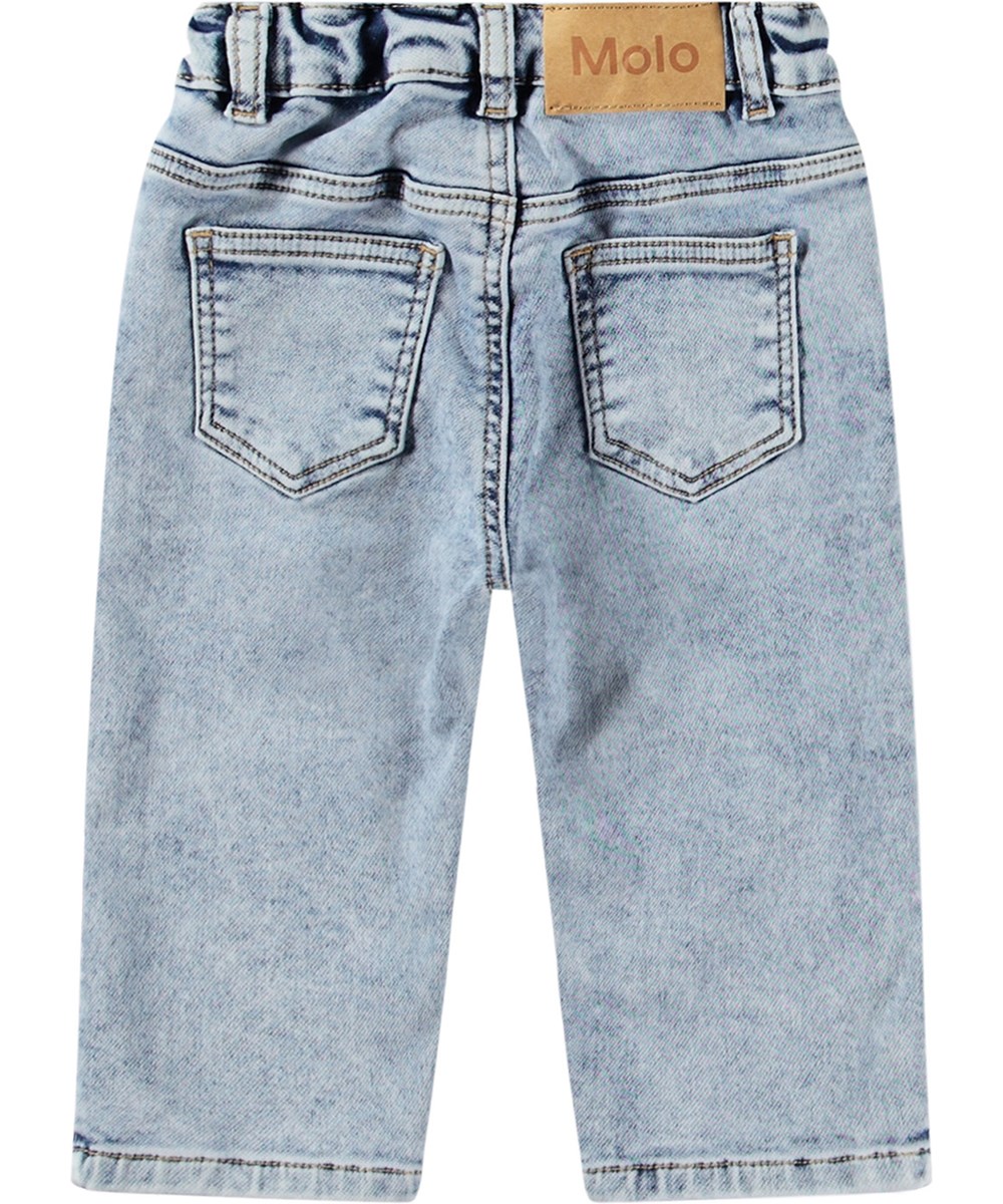 Solo - Blast Blue - Lichtblauwe stretch jeans met elastische tailleband en zakken voor baby's en peuters.