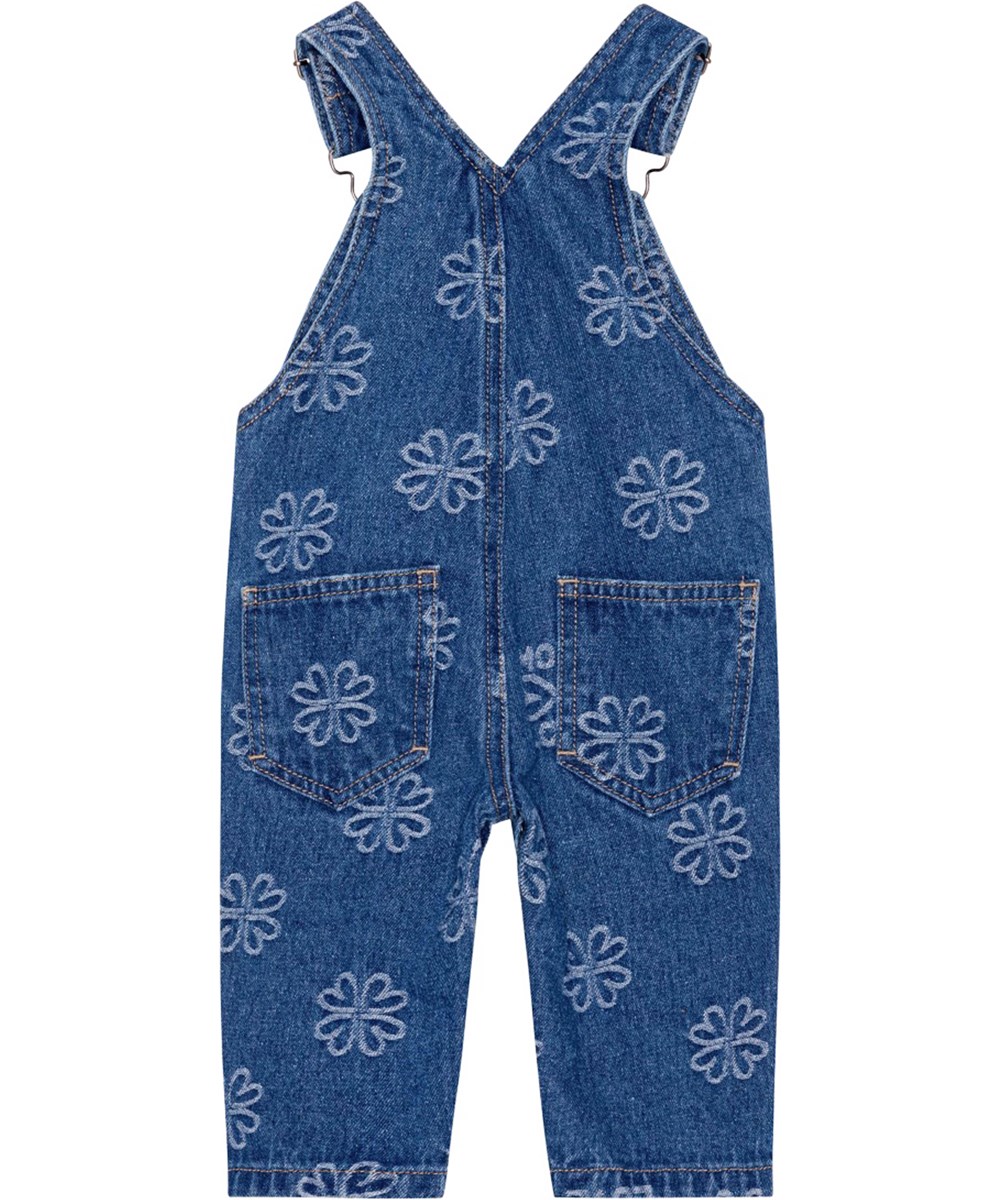 Spark - Infinity Love - Voor kleine kinderen een blauwe spijkertuinbroek met geborduurde klavertjes en het woord 'Love' 