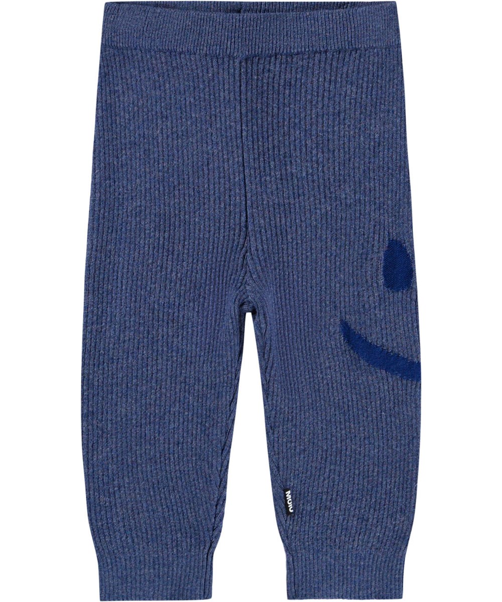 Stinus - Evening Sky - Blauwe gebreide broek voor de kleintjes gemaakt van zachte ribstof van katoen en wol met een lachend gezicht op het dijbeen.