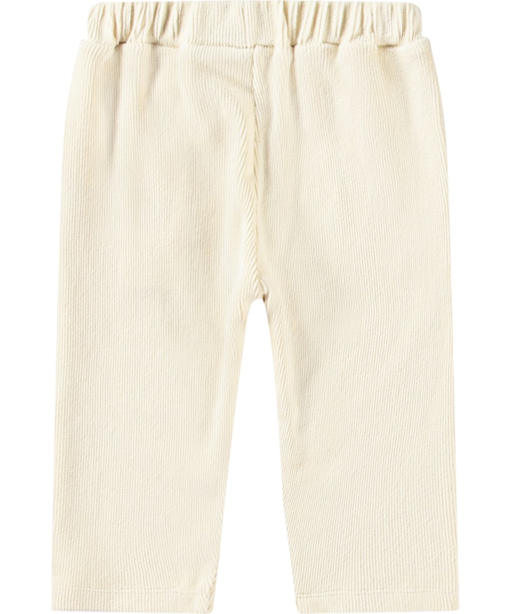 Suri - White Noise - Zachte rib fluwelen gebroken witte  broek in een ruimvallende pasvorm met voorzakken.