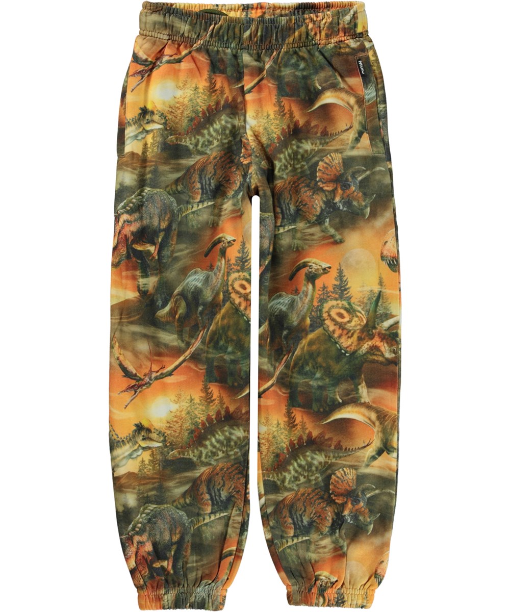 Adan - Dino Dusk - Grønne og orange, økologiske joggingbukser med dino print