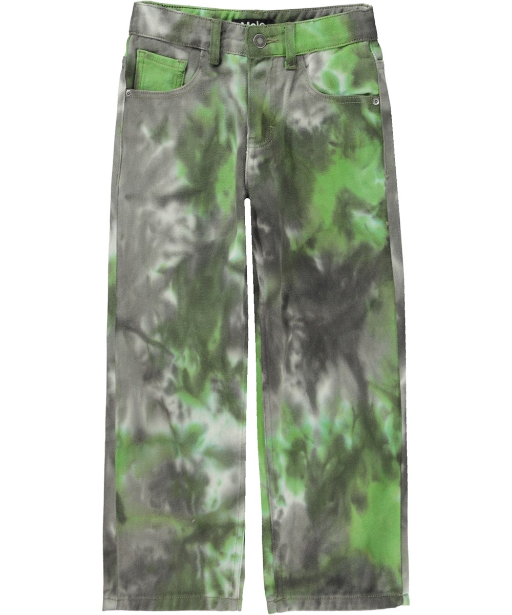 Aiden - Greenish Tiedye - Brede unisex jeans i grå og grøn tie-dye