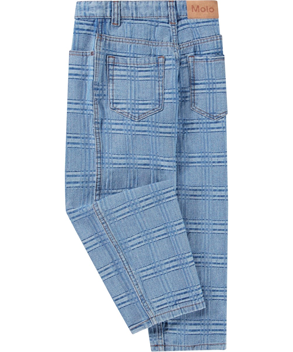 Aiden - Washed Check - Blå denimjeans i økologisk bomuld til børn. Vævet i ternet mønster.