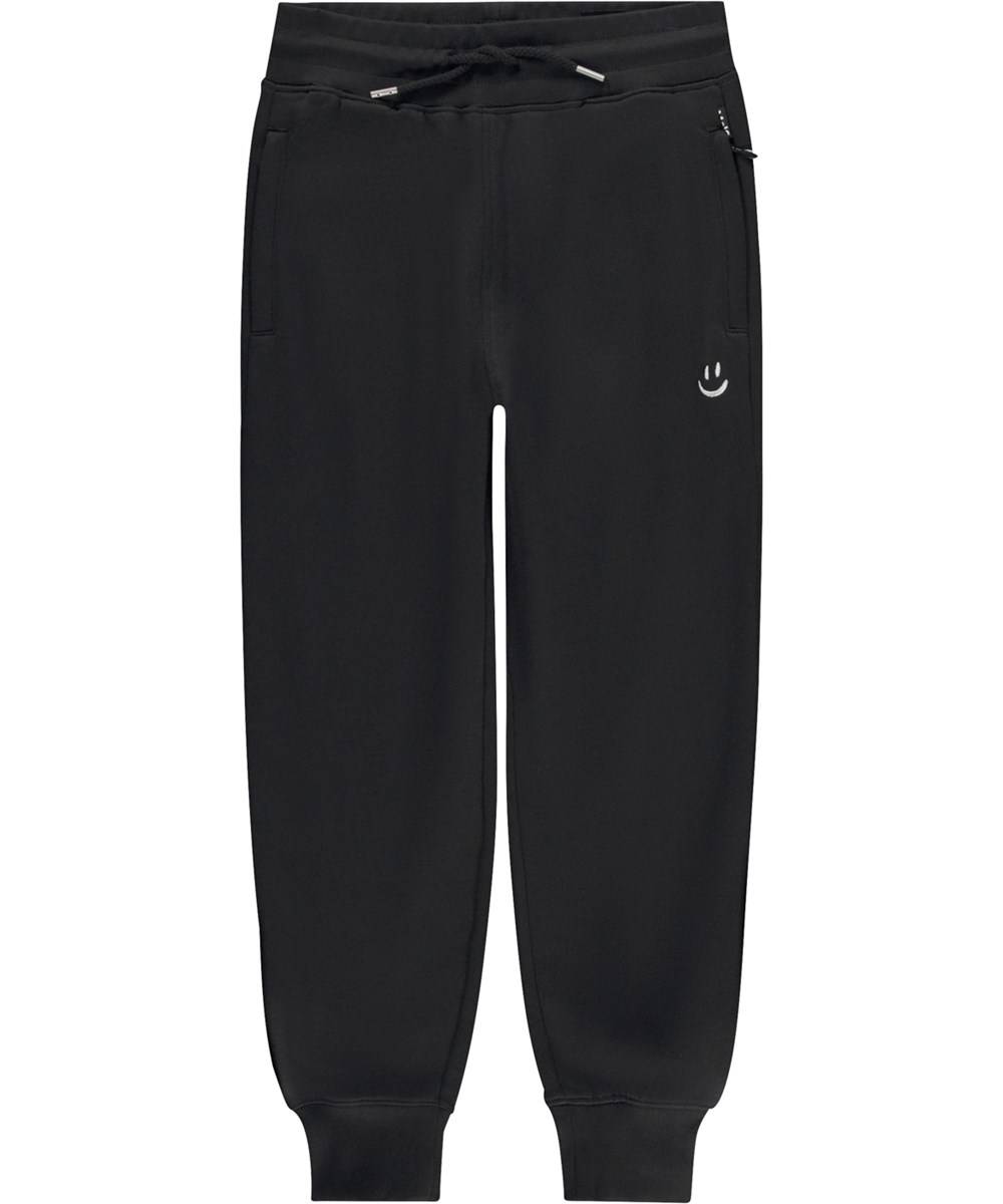 Alvar - Black - Sorte økologiske joggingbukser med broderi smil