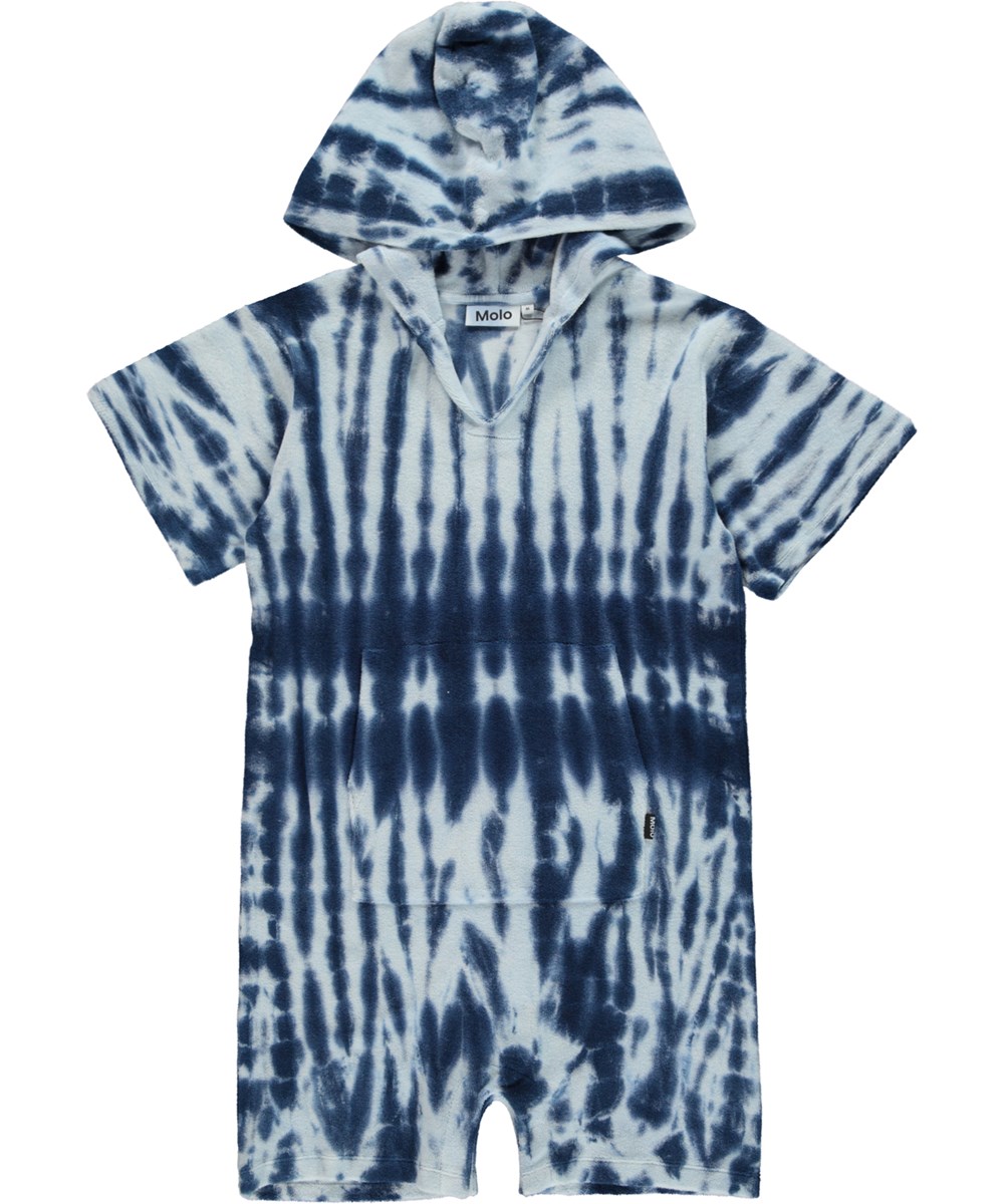 Mason - Tie Dye Vertical - Blå tie-dye froté dragt med hætte