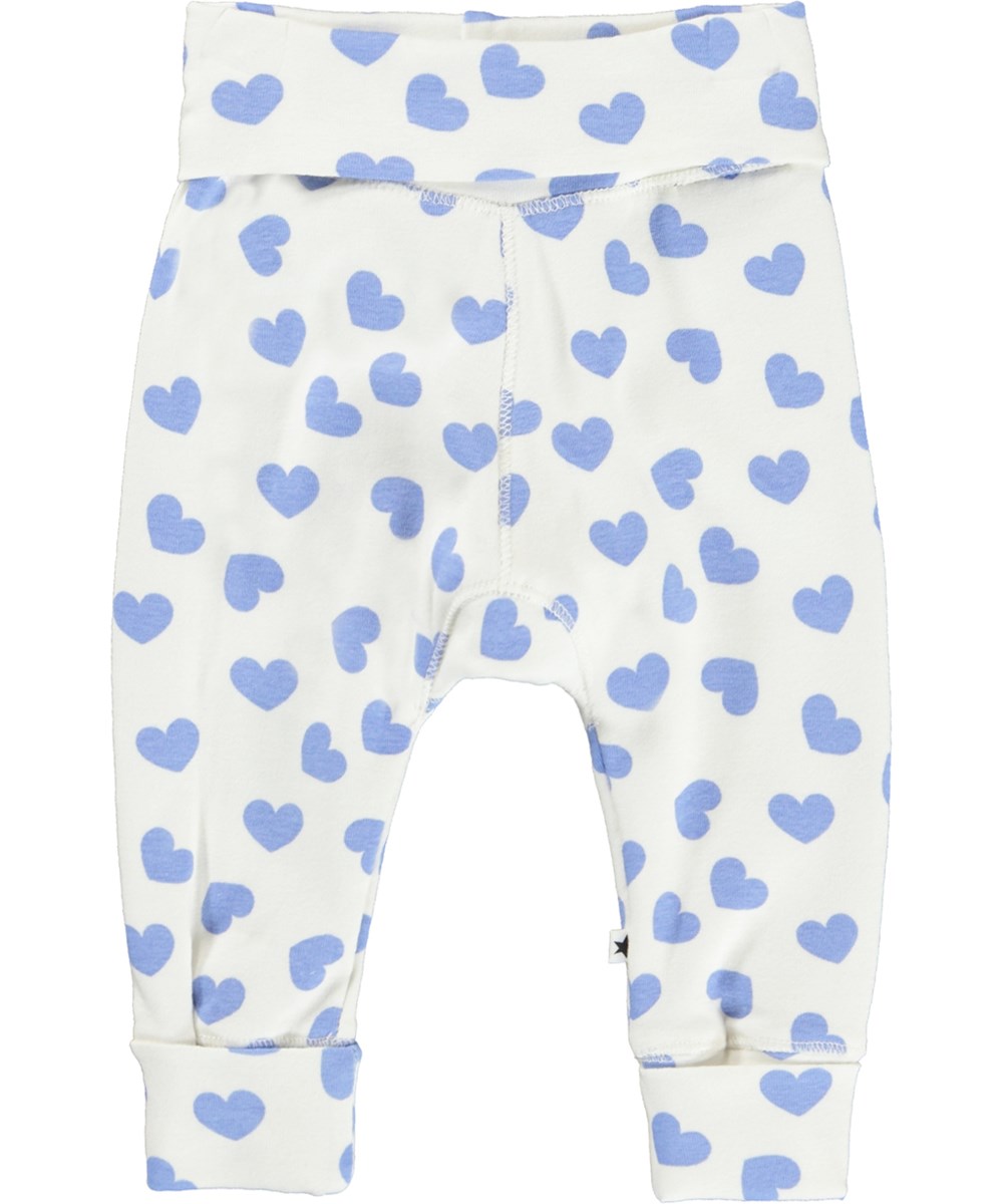 San - Blue Hearts - Økologisk hvide babybukser med hjerter 