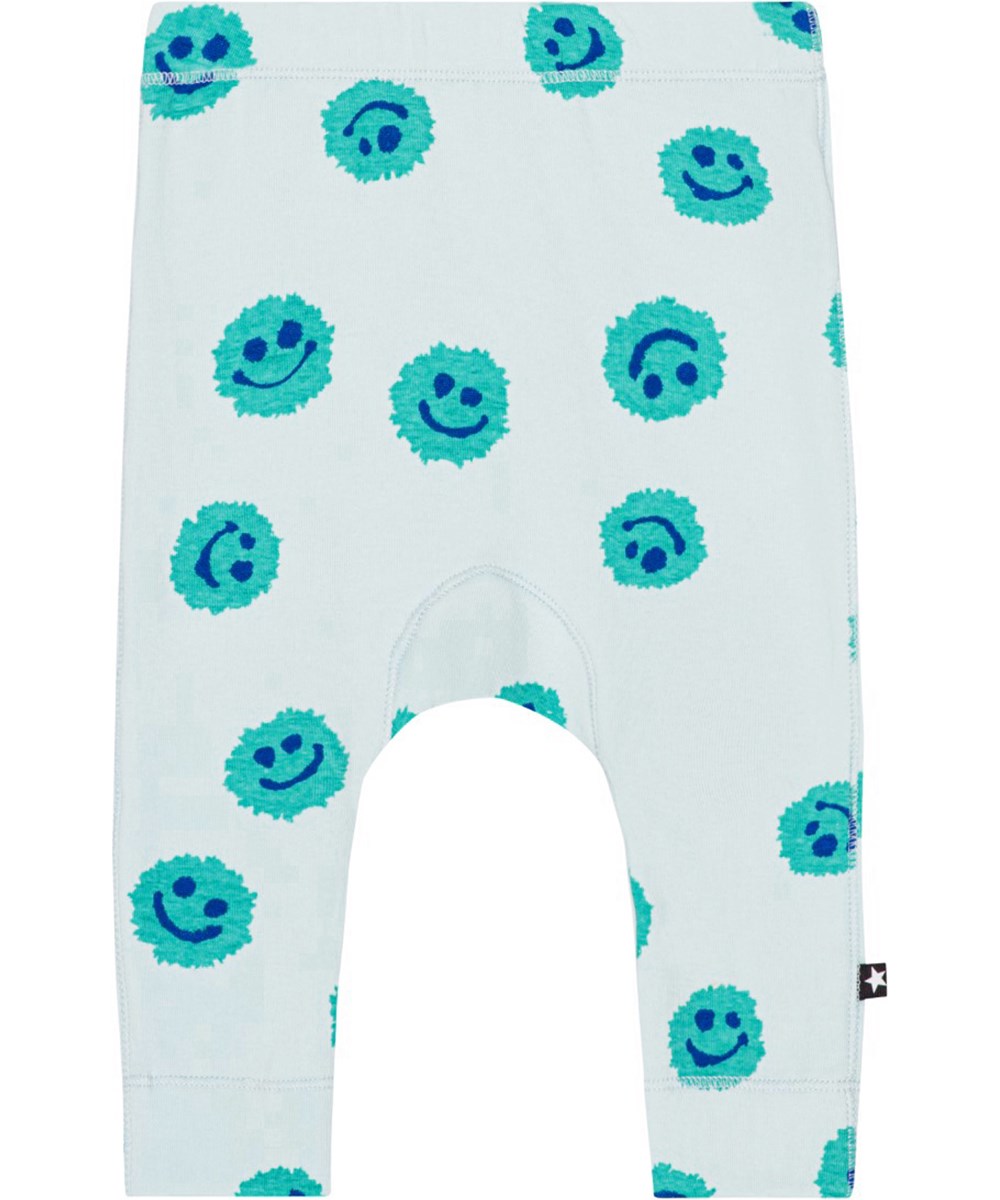 Seb - Aquarelle Blobs - Lyseblå leggings til de mindste i økologisk bomuld med print af smilende ansigter