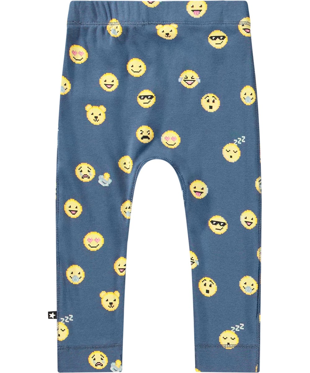 Seb - Pixel Smiles - Blå økologiske babyleggings med emoji print