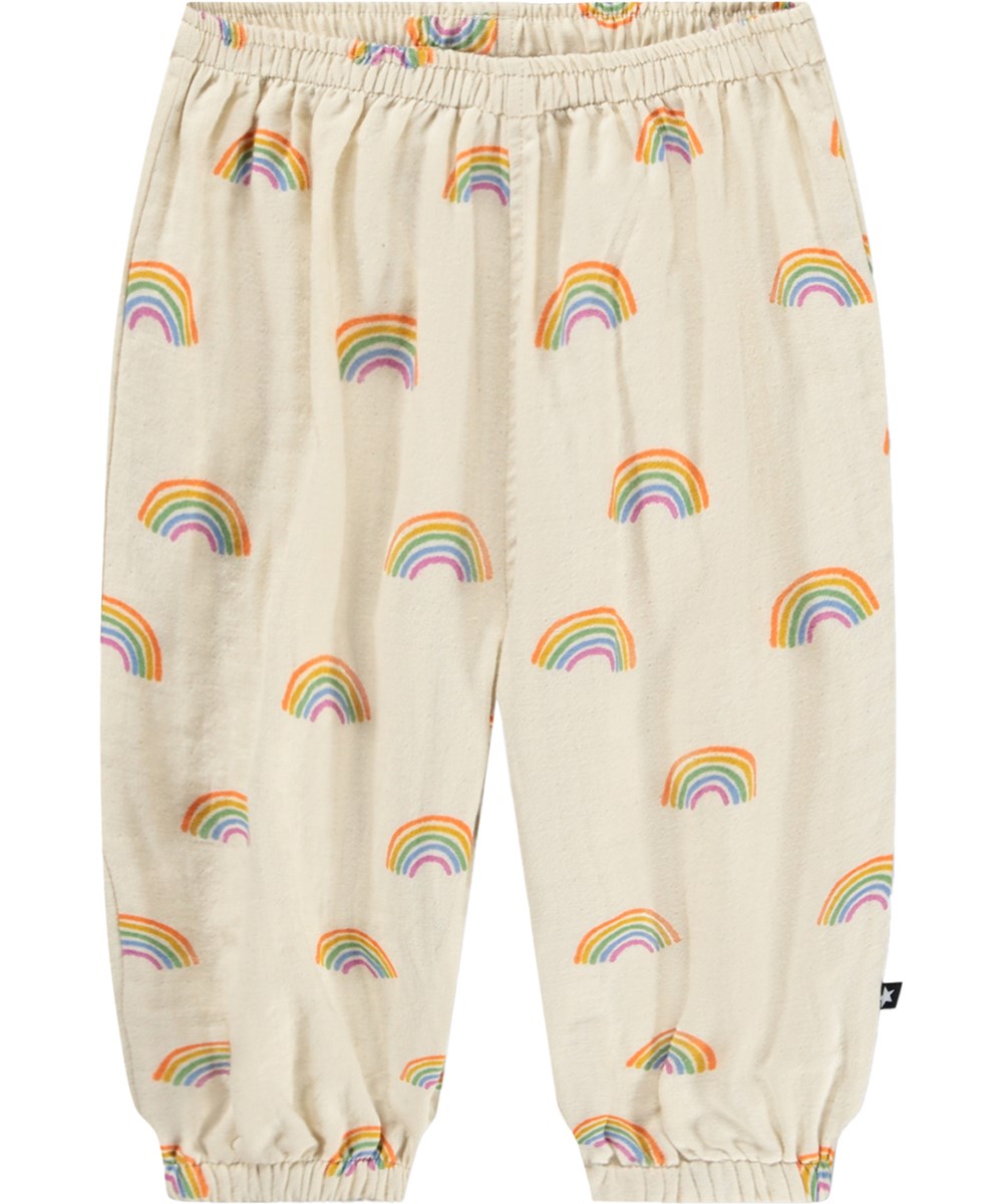 Serene - Small Rainbows - Beige, bløde babybukser med regnbueprint i økologisk bomuld