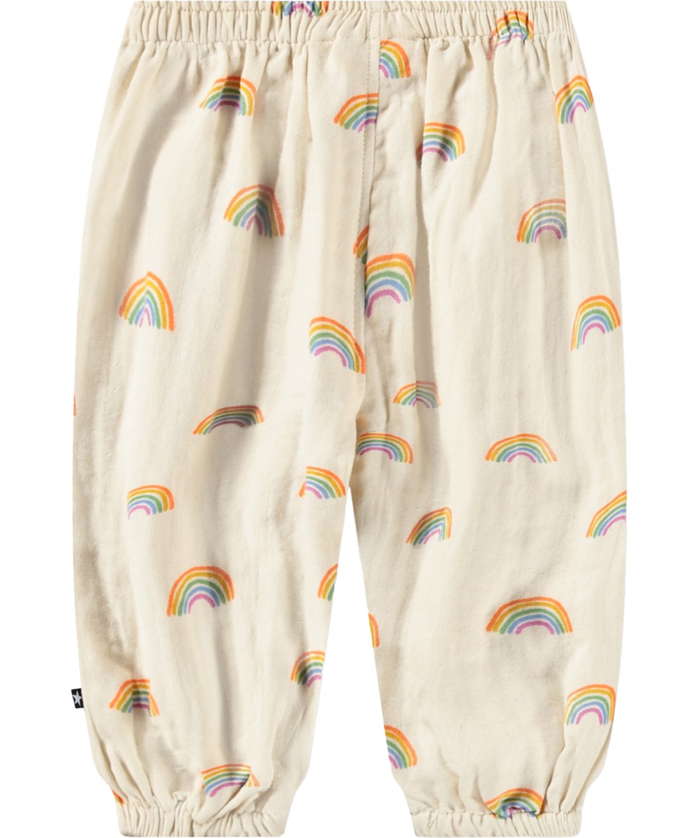 Serene - Small Rainbows - Beige, bløde babybukser med regnbueprint i økologisk bomuld