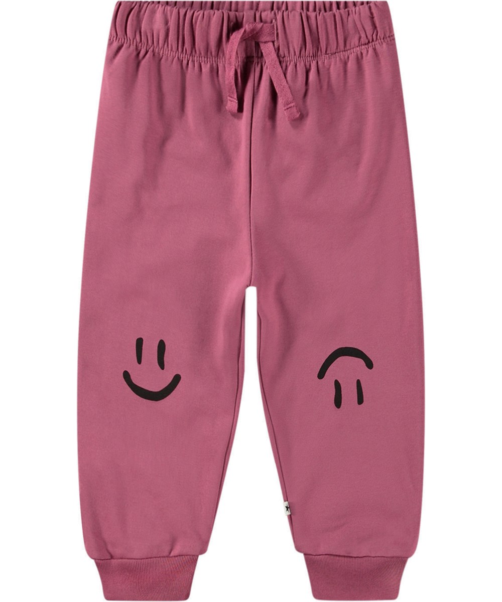Simeon - Dark Rose - Rosa økologiske babysweatpants med smil på knæene