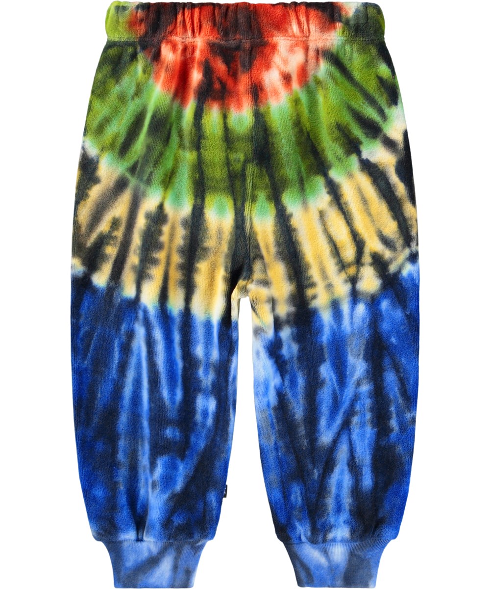 Simeon - Multus Tie Dye - Bløde bukser i økologisk velour til baby. Bukserne har et farverigt tie-dye print.