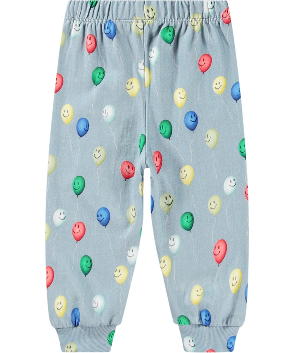 Simeon - Smiling Balloons - Blå økologiske babysweatpants med ballon print