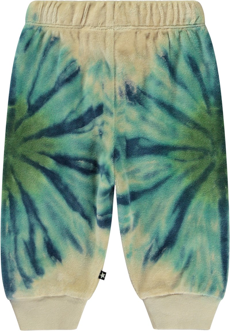 Simeon - Tie Dye Blues - Beige økologiske babybukser i bomuldsvelour med blå tie-dye