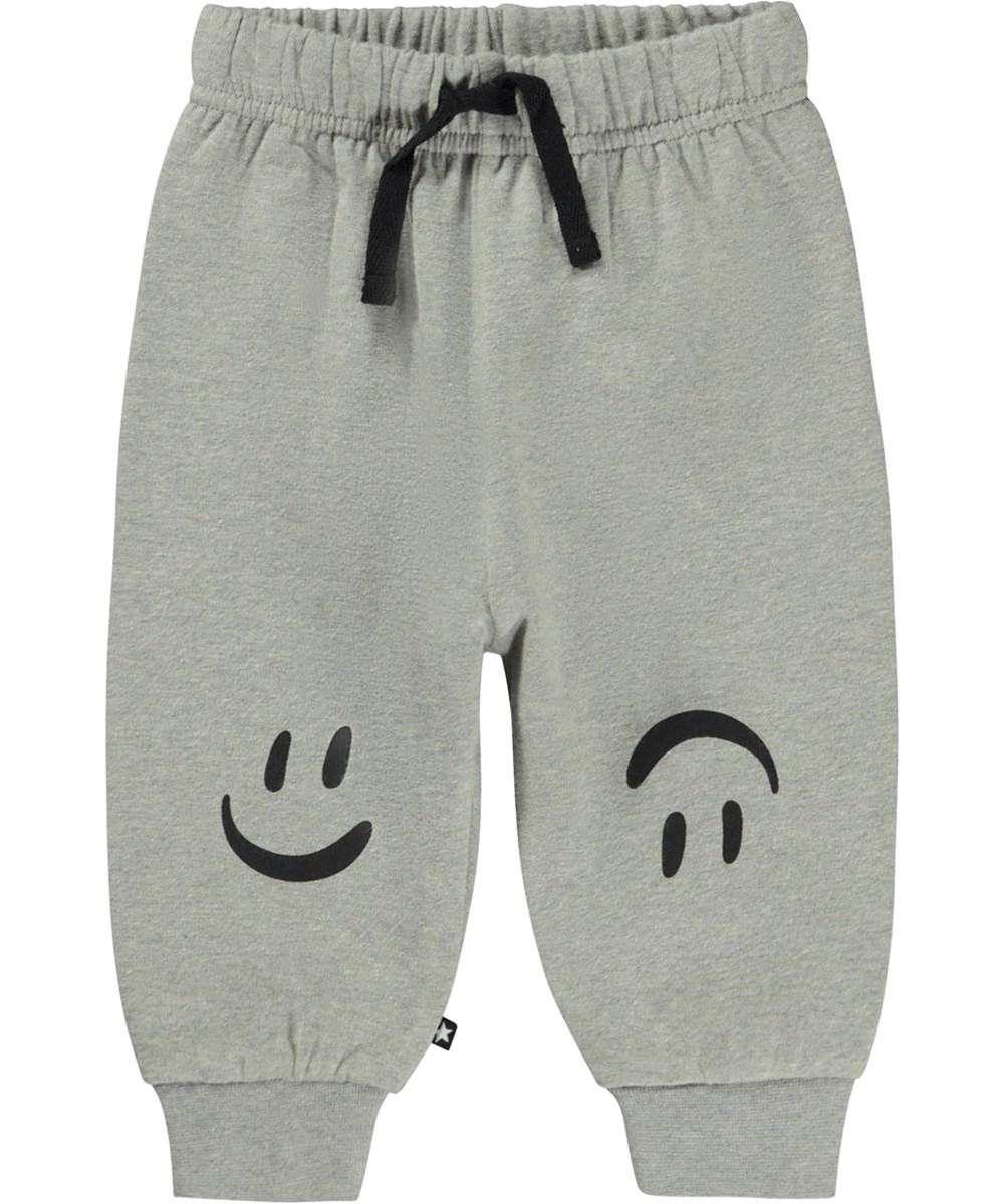 Simeon - Grey Melange - Grå økologiske babybukser med smil print på knæene