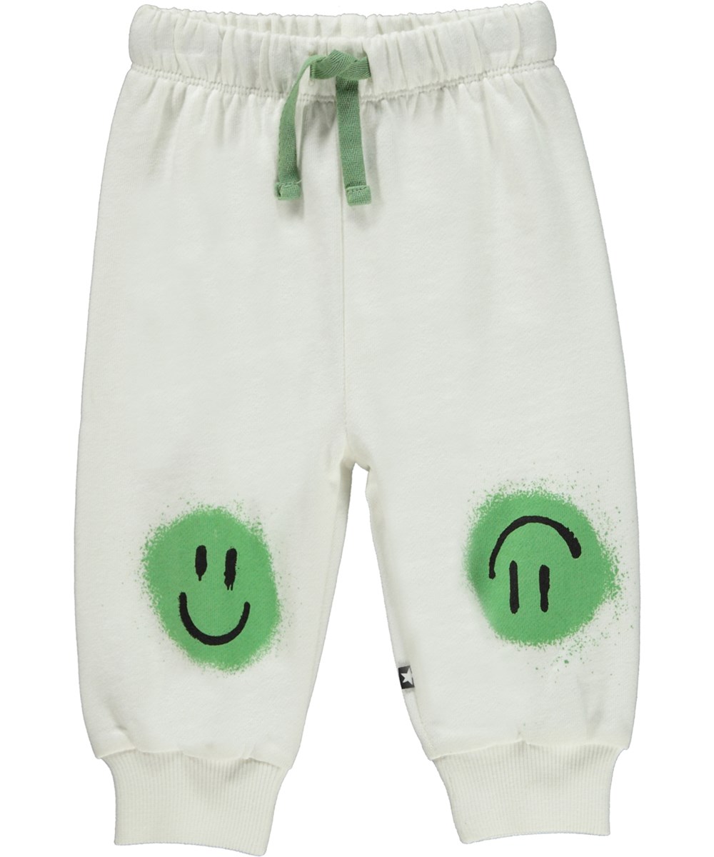 Simeon - White Star - Hvide baby sweatpants grønne smileyer