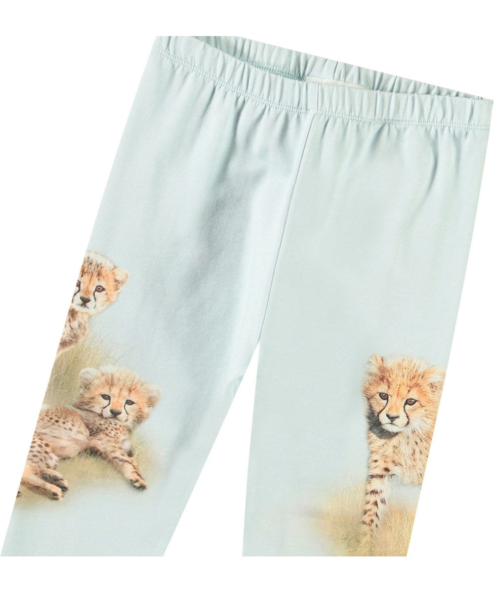 Simway - Cheetas Cute - Bukser i økologisk bomuldsjersey til baby. Tætsiddende pasform med elastisk talje og print af gepardunger