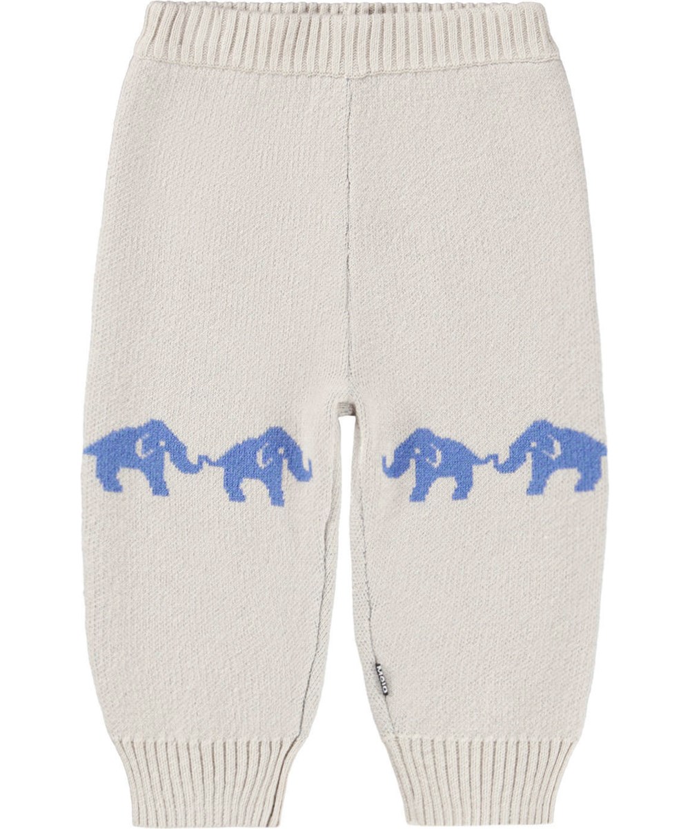 Sol - Blue Elephants - Råhvide bukser til de mindste i en blød ribstrik af bomuld og uld med en bort af blå elefanter.