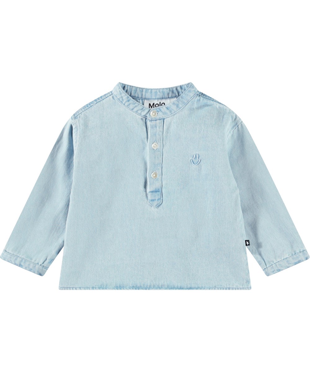 Enoz - Misty Denim - Blaues Jeanshemd mit Stickereidetail aus Öko-Baumwolle für Babys.