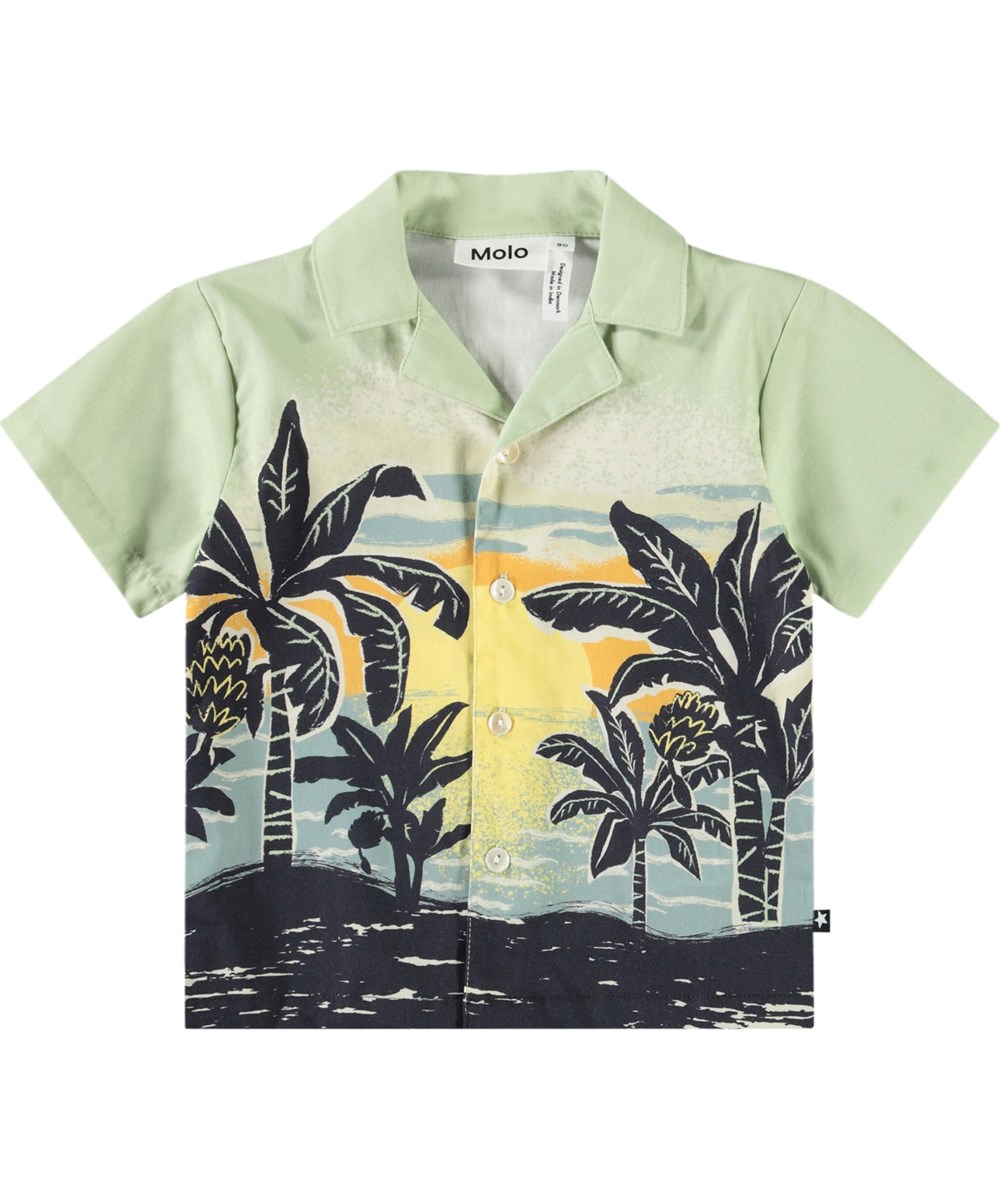Eyou - Babynanas Palm - Kurzarmshirt aus Öko-Baumwolle für ein Baby. Das Shirt ist hellgrün mit einem Aufdruck von Palmen und einem Sonnenuntergang.