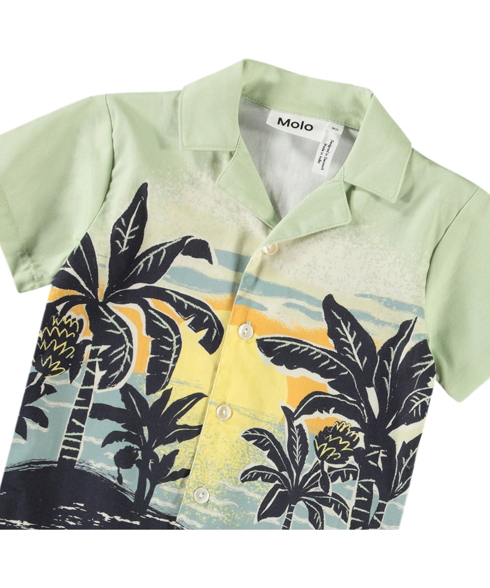 Eyou - Babynanas Palm - Kurzarmshirt aus Öko-Baumwolle für ein Baby. Das Shirt ist hellgrün mit einem Aufdruck von Palmen und einem Sonnenuntergang.