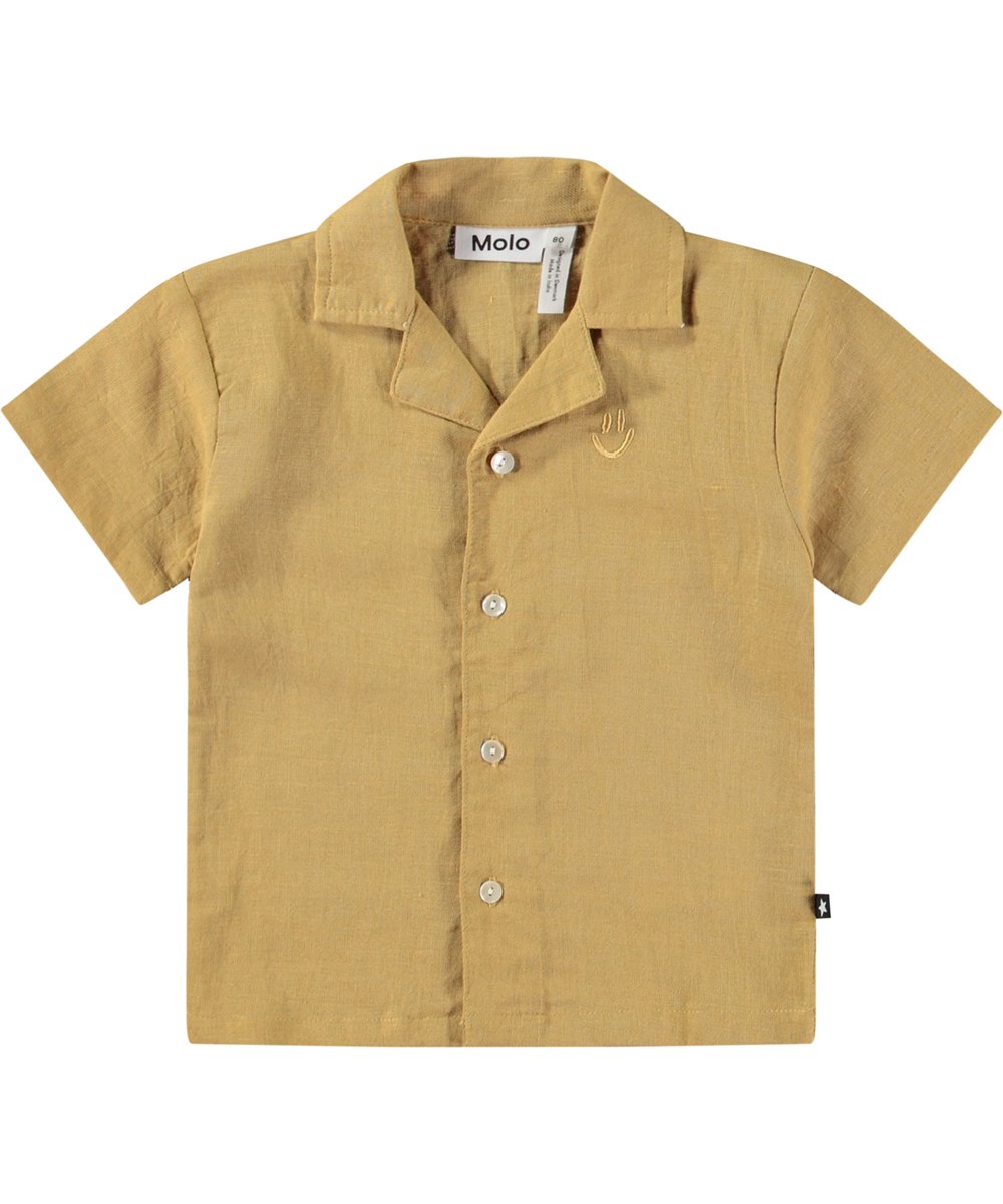 Eyou - Suede - Kurzarmshirt aus Öko-Baumwolle für Babys. Das Shirt ist braun mit einem bestickten lächelnden Gesicht.