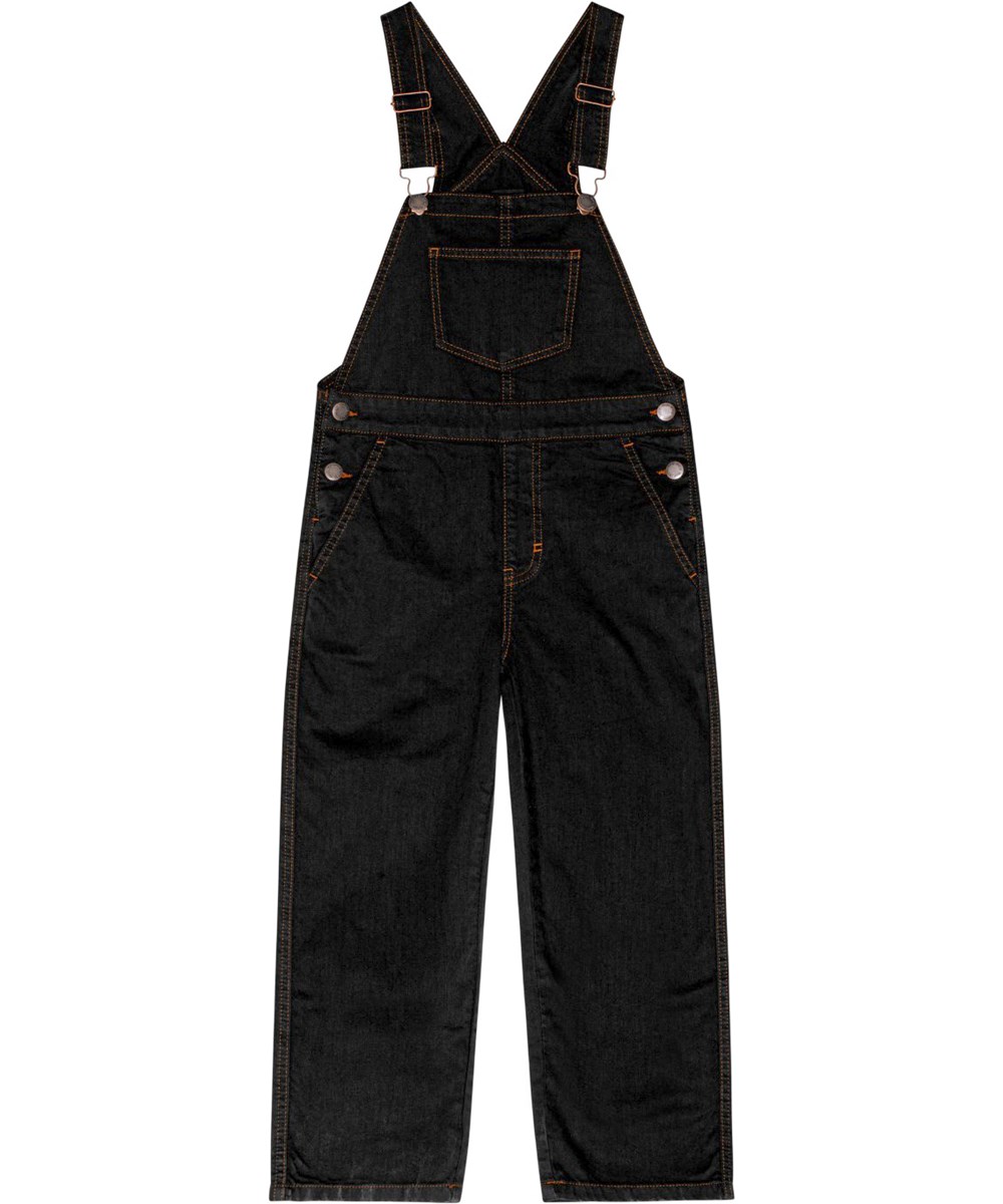 Aer - Black - Schwarze Latzhose mit kupferfarbenen Nähten und verstellbaren Trägern.