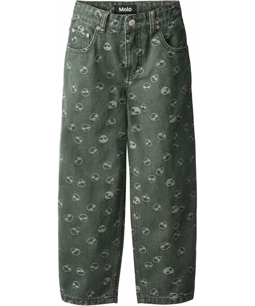 Aiden - Aliens - Grüne Jeans aus Baumwolle mit Jacquard-gewebten Aliens für Kinder.