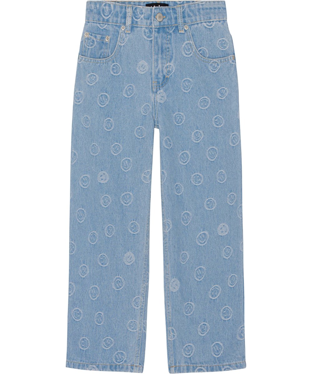 Aiden - Happiness Light - Jeans mit 5 Taschen aus gewaschenem Baumwolldenim mit kleinen gewebten Smileys
