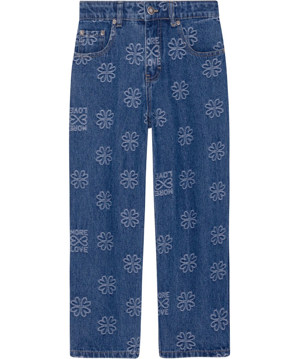 Aiden - Infinity Love - Unisex blaue jeans aus gewaschener Baumwolle mit gesticktem Kleeblatt