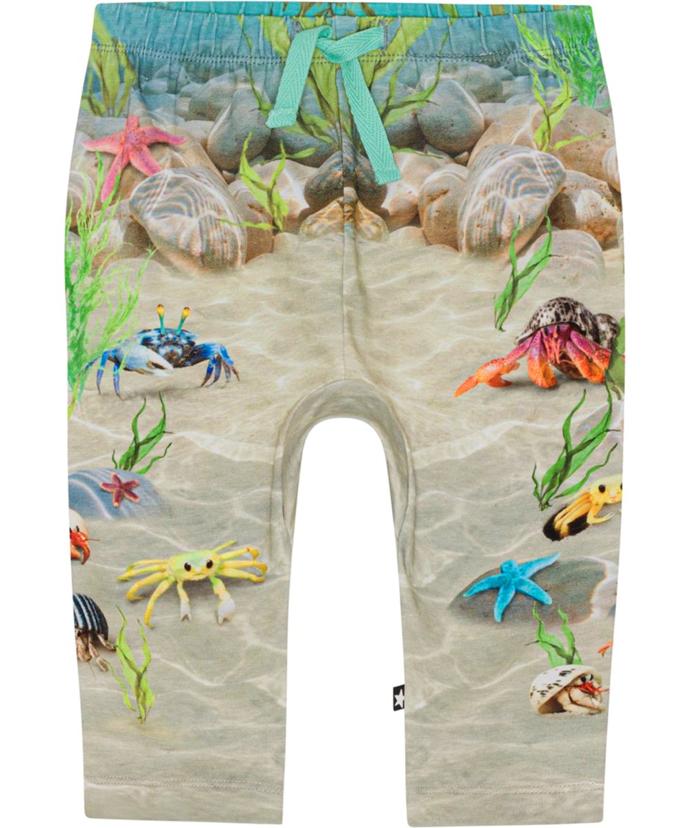Sabb - Tropic Sea Pant - Sandfarbene Hose aus Öko-Baumwolle mit einem Platzierungsdruck des Meeresbodens mit Krebsen, Seesternen und Pflanzen in wunderschönen Farben.