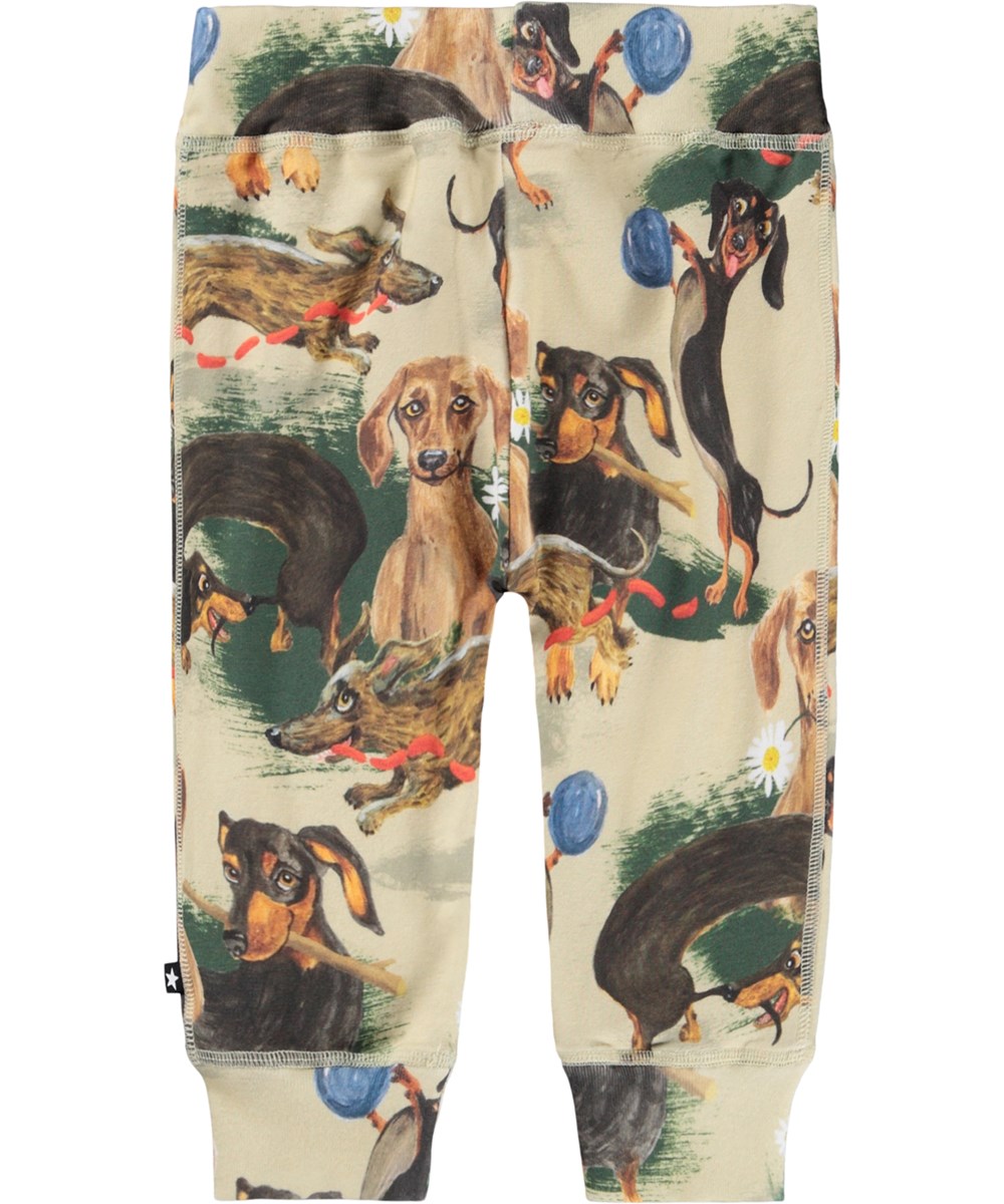 Sammy - Painted Dogs - Beige Hosen für die Kleinen aus weichem Öko-Baumwolljersey mit einem Druck von verspielten Hunden.