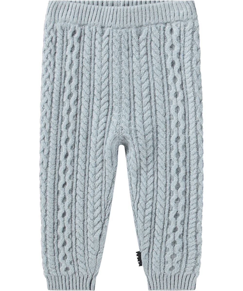Sedge - Dusty Blue - Hellblaue Wollhosen für Kinder in Zopfmuster mit elastischem Bund und gerippten Bündchen.