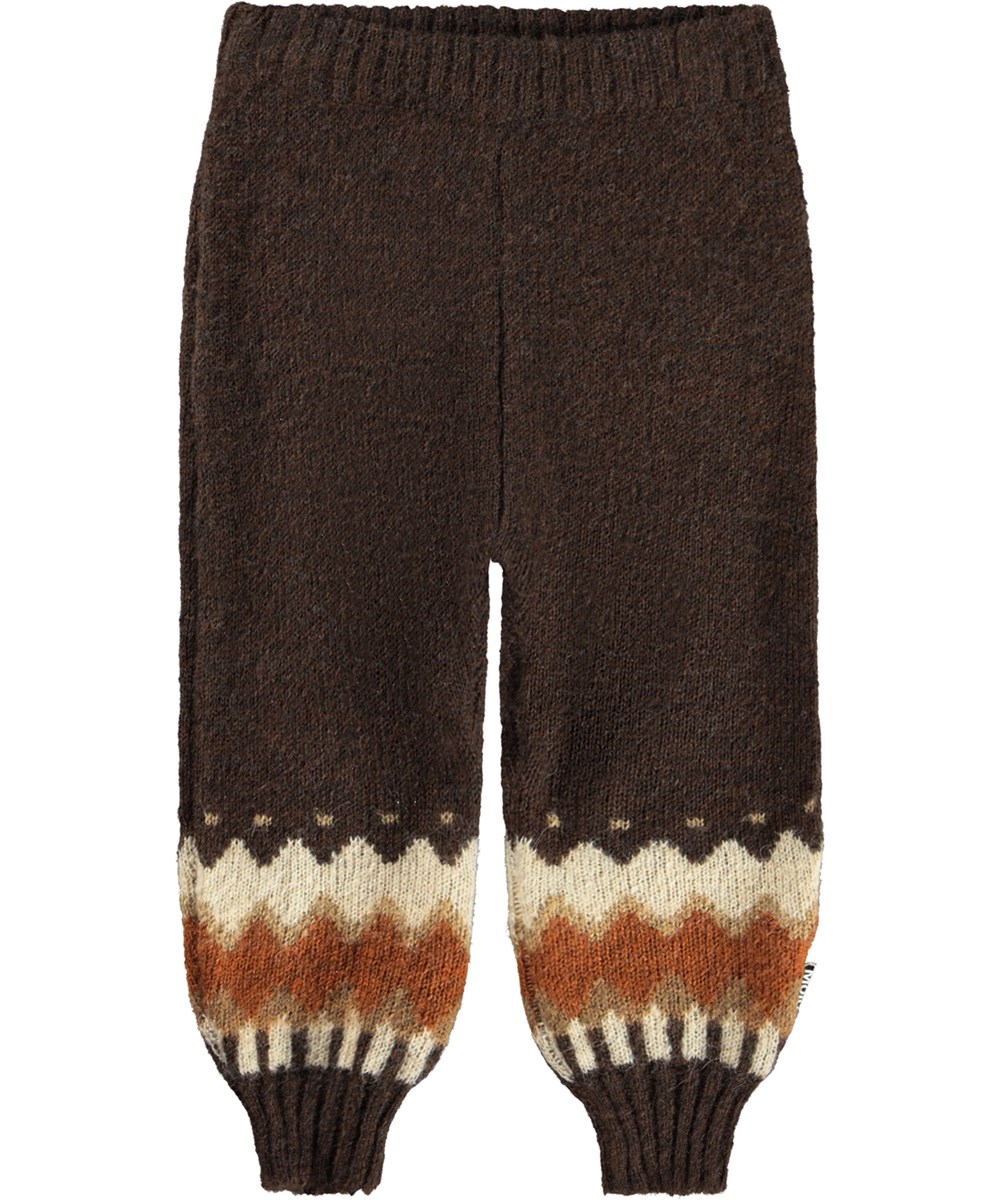 Signy - Browns - Dunkelbraune Hosen für die Kleinen aus einer Wollmischung mit einem gewebten nordischen Muster am Hosenbein.