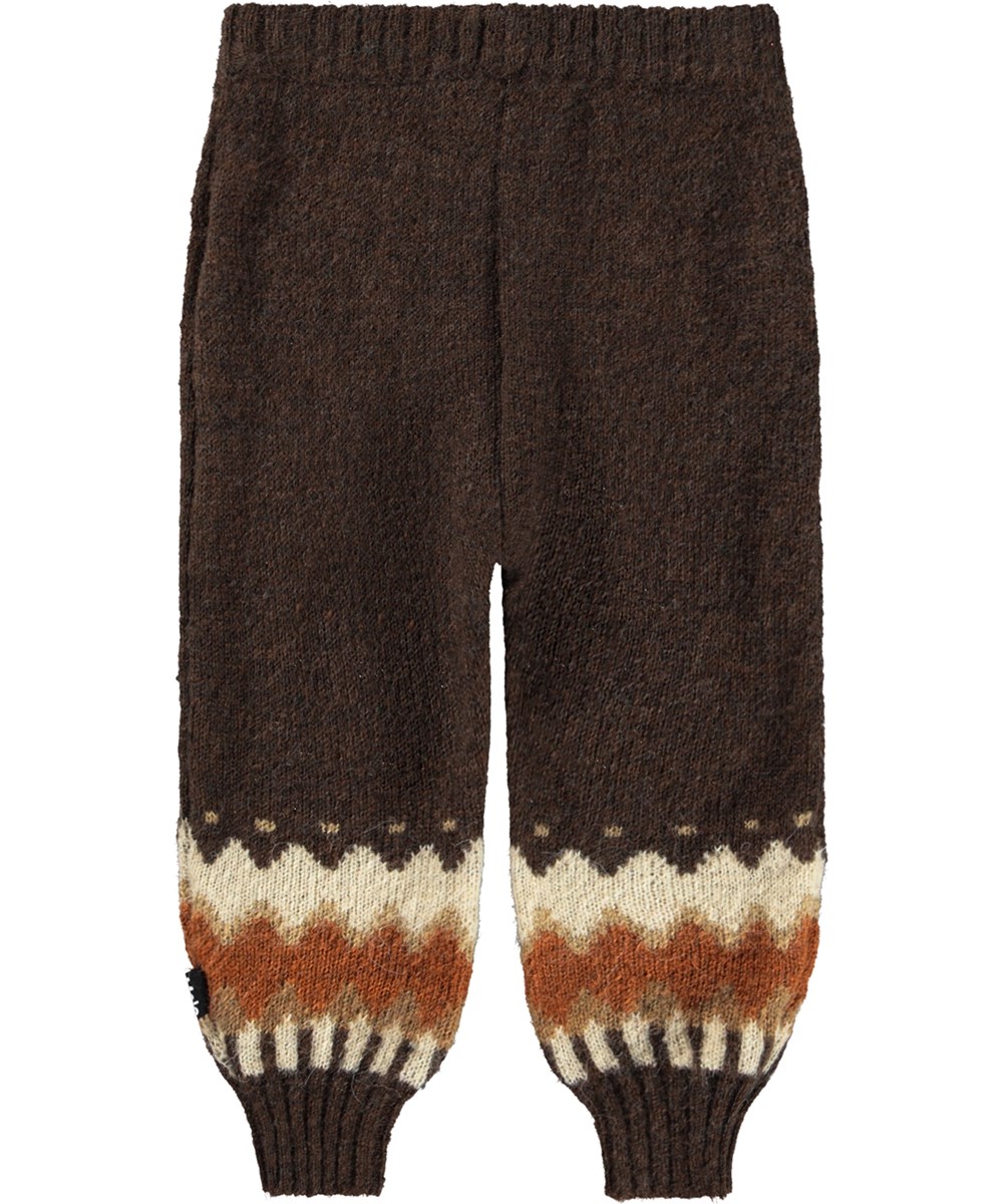 Signy - Browns - Dunkelbraune Hosen für die Kleinen aus einer Wollmischung mit einem gewebten nordischen Muster am Hosenbein.