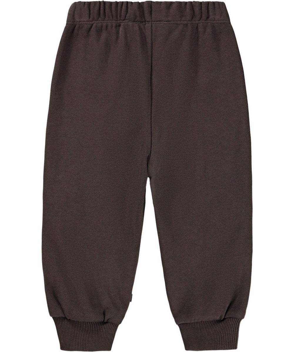Simeon - Dark Cocoa - Weiche Hosen für die Kleinen aus Öko-Baumwolle. Die Hosen sind dunkelbraun mit weichen braunen Teddybären auf den Knien.