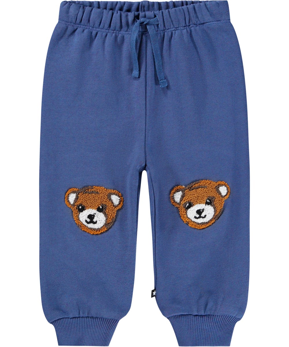 Simeon - Evening Bear - Weiche Hosen für die Kleinen aus Öko-Baumwolle. Die Hosen sind dunkelblau mit weichen braunen Teddybären auf den Knien.