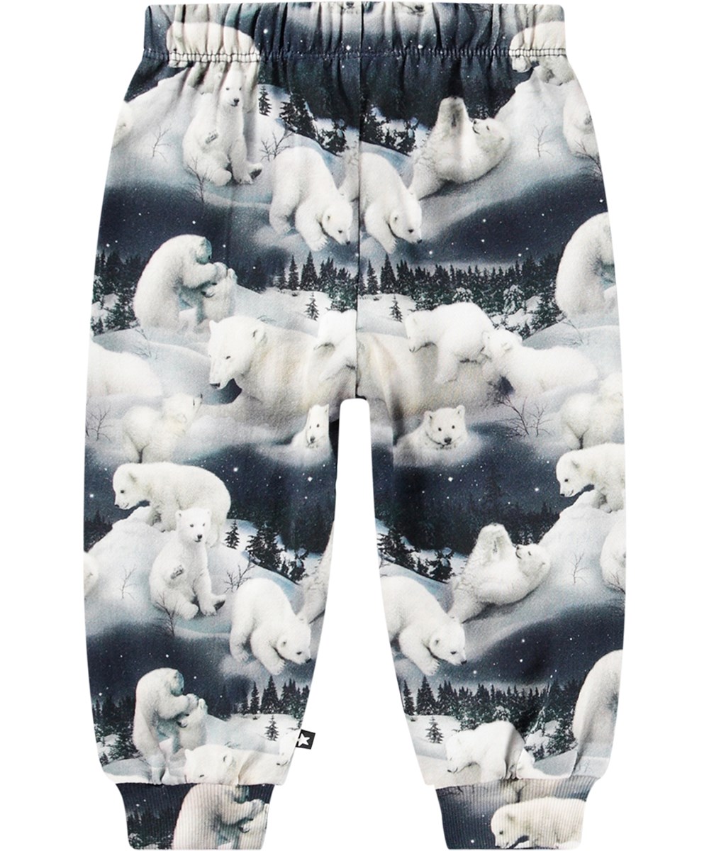Simeon - Polar Bears - Dunkelblaue Öko-Baumwolljogger mit einem Allover-Polarbär-Druck.