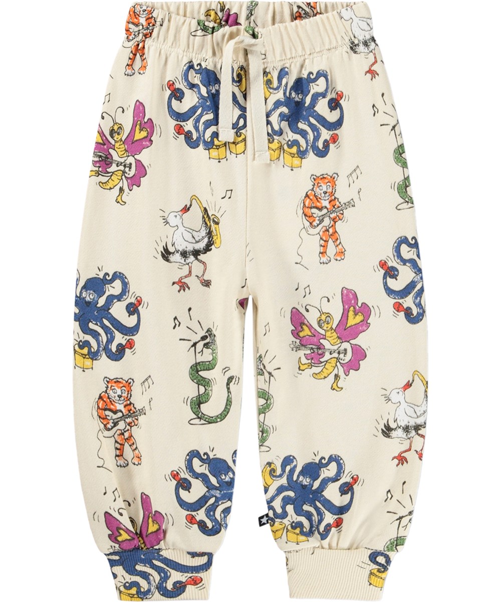 Simeon - Rockin Animals - Weiche, beige Jogginghosen für die Kleinen aus Bio-Baumwolle mit Musikdruck