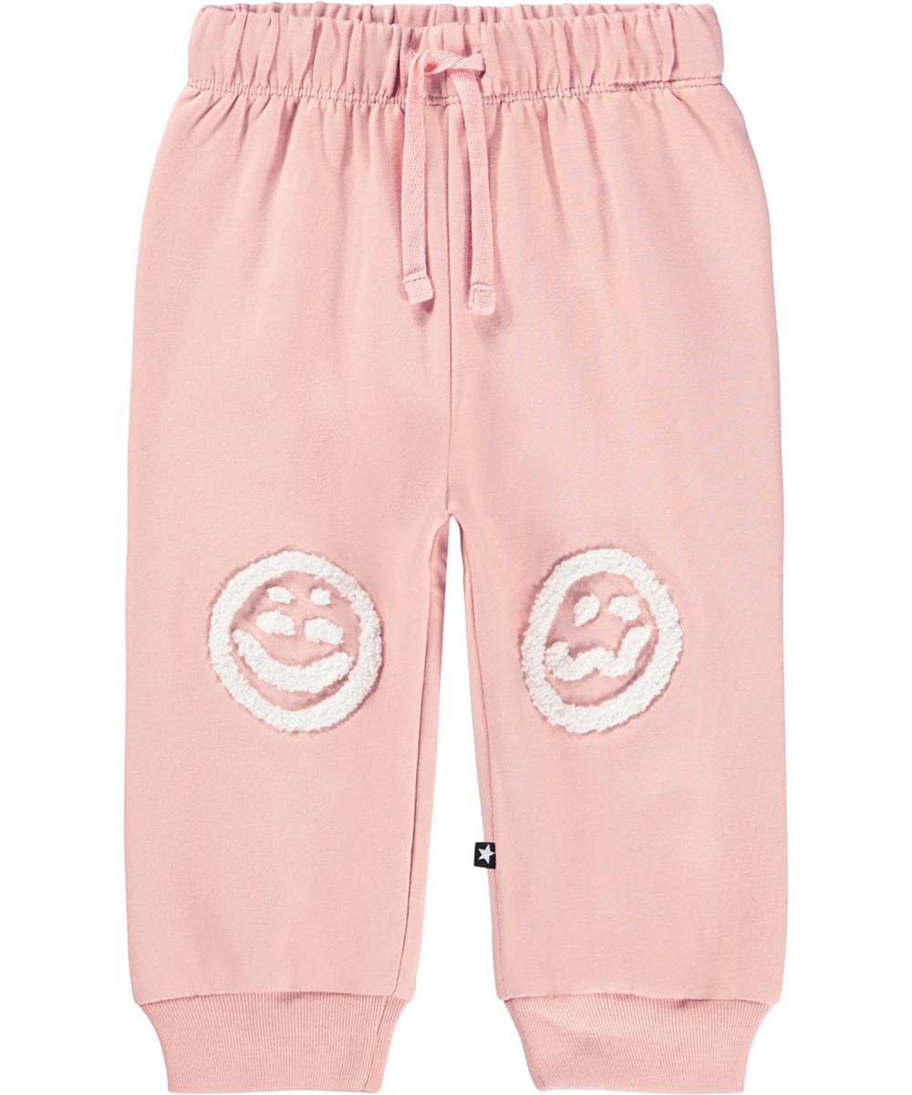 Simeon - Rose Cloud - Weiche rosa Hosen für die Kleinen aus Öko-Baumwolle mit weichen weißen Gesichtern auf den Knien.