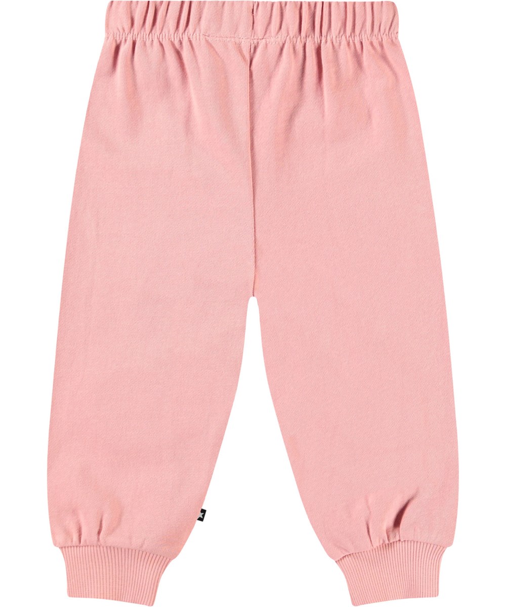 Simeon - Rosequartz - Weiche Hosen aus Öko-Baumwolle für Babys. Die Hosen sind in Pink mit sanften lächelnden Gesichtern.