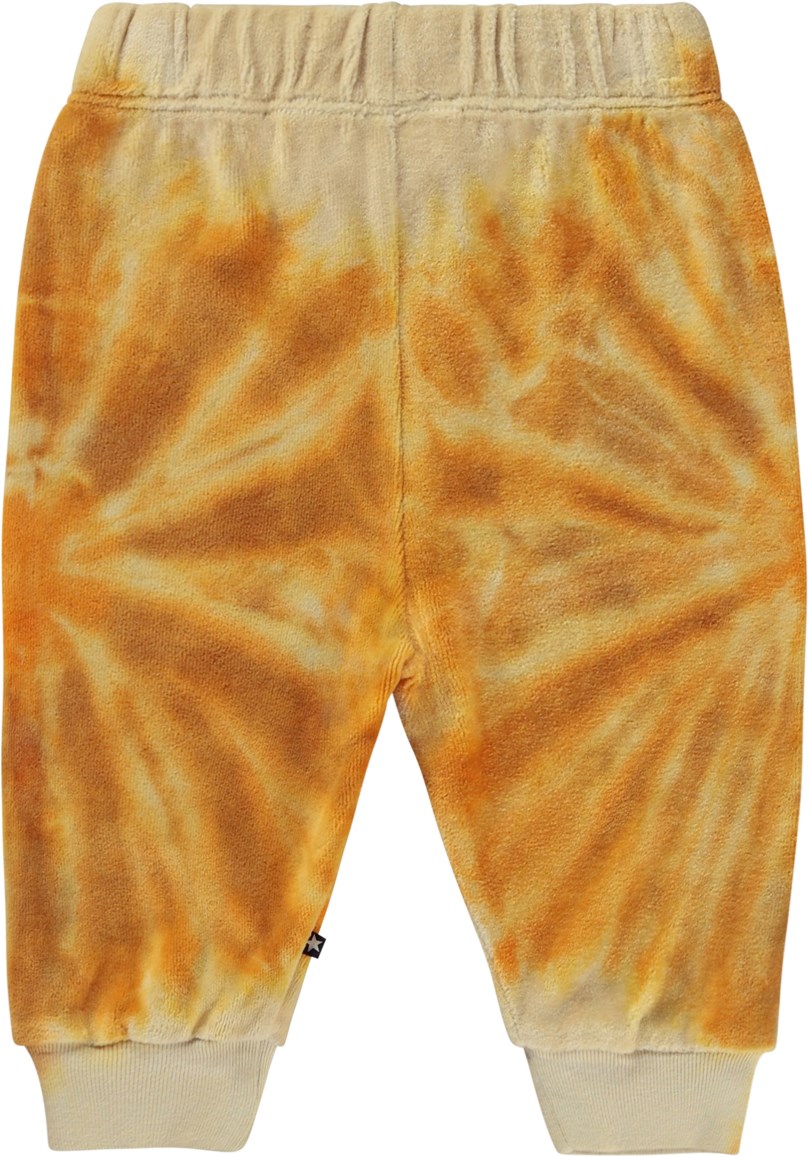 Simeon - Sun Tie Dye - Orange Öko-Babyhose aus Baumwollvelours mit Batik