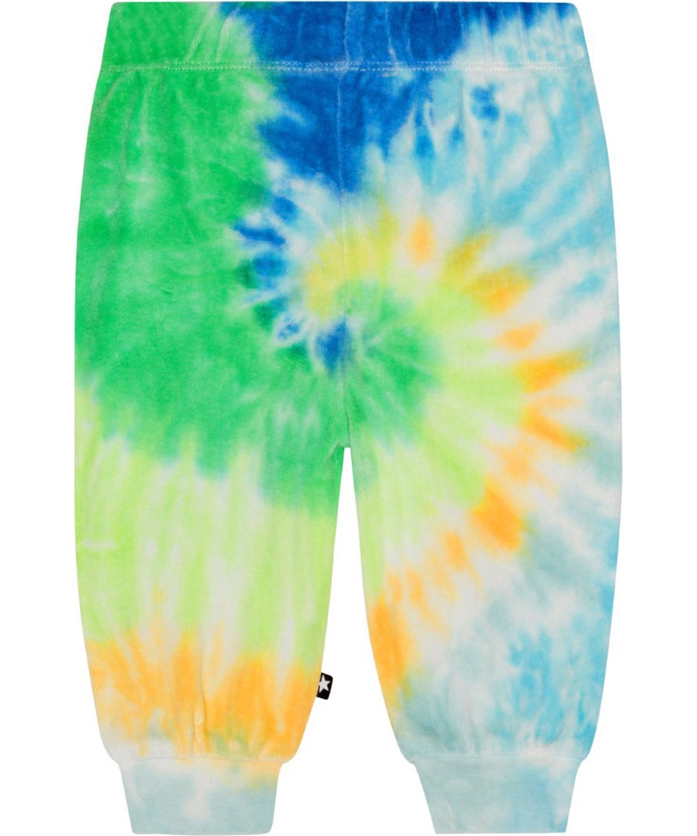 Simeon - Tie Dye Melody - Grüne, gelbe und blaue Batikhose aus Öko-Baumwollvelours