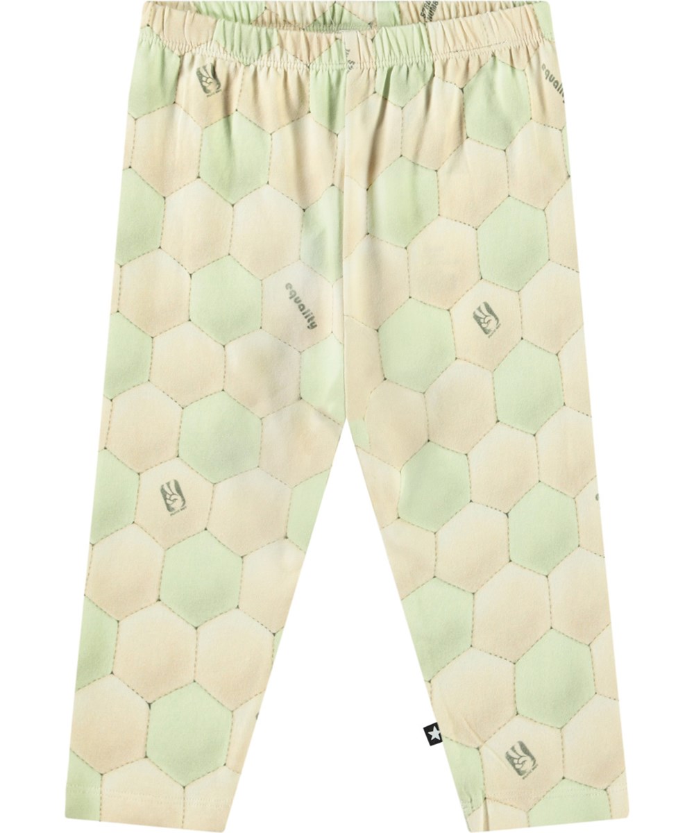 Simway - Football Misty - Hose aus Öko-Baumwoll-Jersey für Babys. Sie hat eine eng anliegende Passform mit elastischem Bund. Die Hose hat einen Fußball-Print in hellem Beige und Hellgrün.
