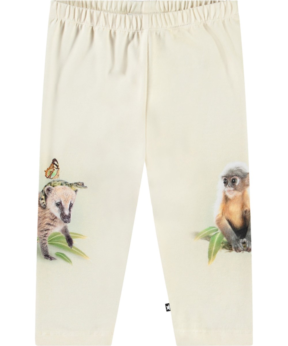 Simway - Friendly Jungle - Hose aus Öko-Baumwolljersey für Babys. Sie hat eine eng anliegende Passform mit elastischem Bund und Dschungeltierdruck.