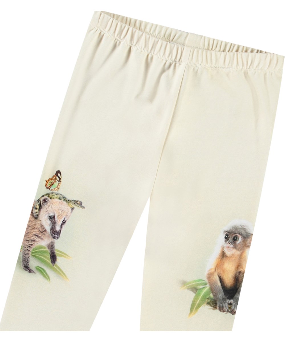 Simway - Friendly Jungle - Hose aus Öko-Baumwolljersey für Babys. Sie hat eine eng anliegende Passform mit elastischem Bund und Dschungeltierdruck.