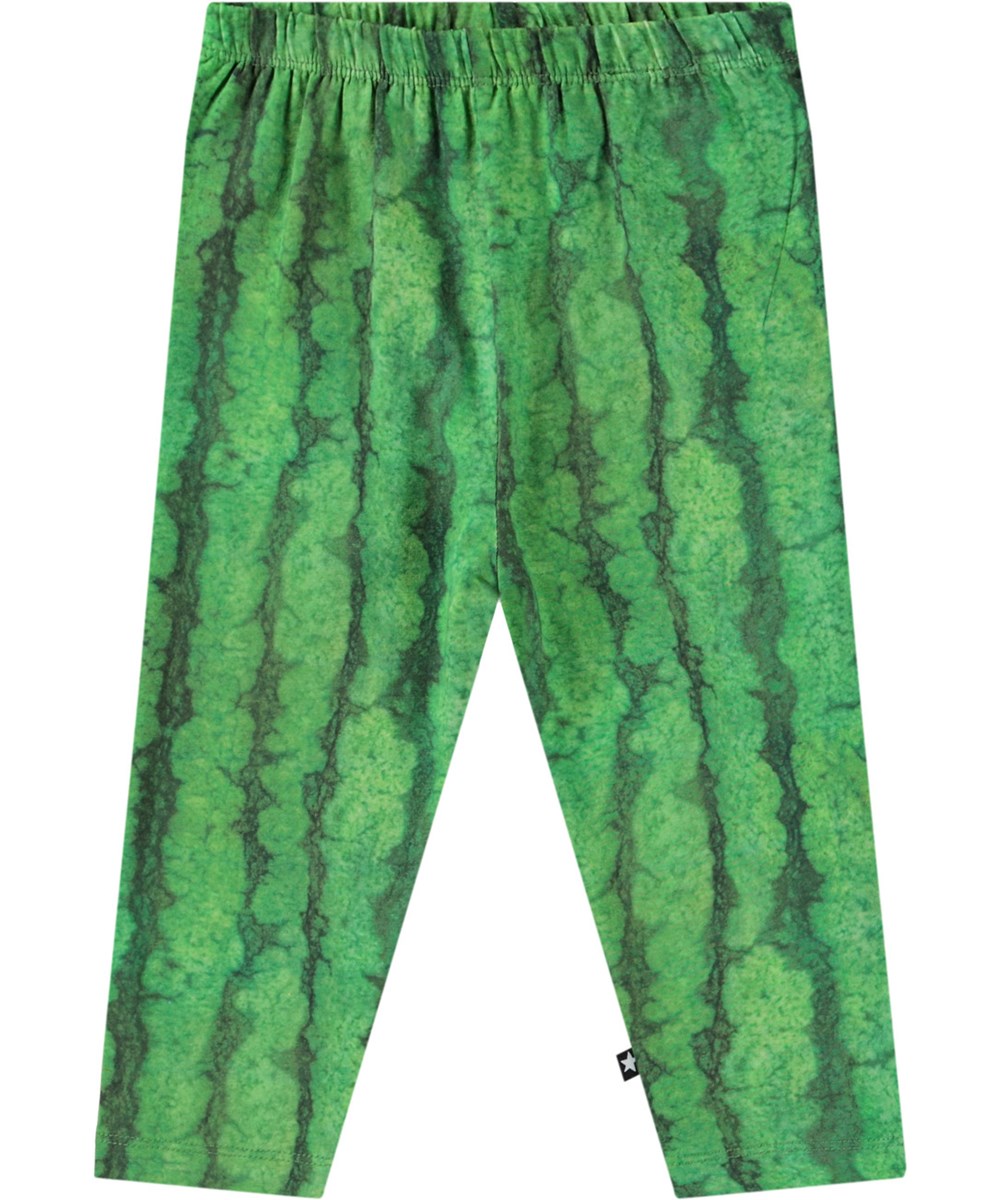 Simway - Melancia - Hose aus Öko-Baumwoll-Jersey für Babys. Sie hat eine eng anliegende Passform mit elastischem Bund. Die Hose ist grün mit einem Wassermelonen-Druck.